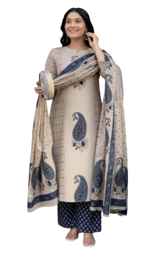 Blue block printed viscose straight kurta set with palazzo and dupatta for women