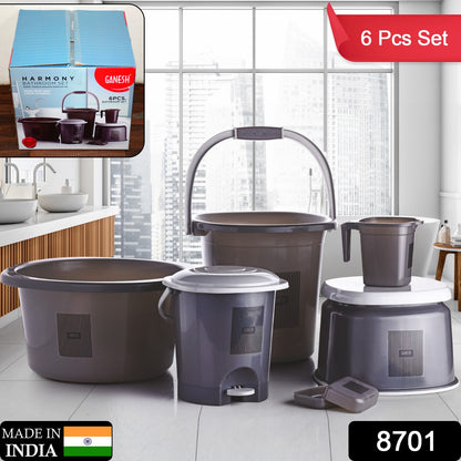 8701 Plastic Bathroom Accessories Set 6 Pcs Bath Set Bathroom Bucket With Dustbin Mug Stool Soap Casetub - warehousetech13