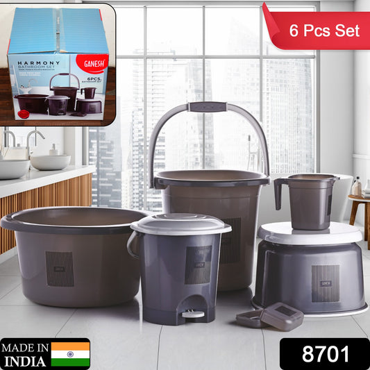 8701 Plastic Bathroom Accessories Set 6 Pcs Bath Set Bathroom Bucket With Dustbin Mug Stool Soap Casetub - warehousetech13