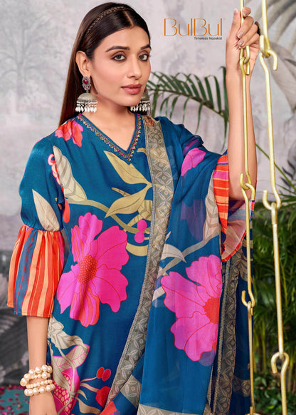 Rani Blue & Mustard Silk Kurta Set with Dupatta for Women – Elegant Festive & Party Wear Outfit