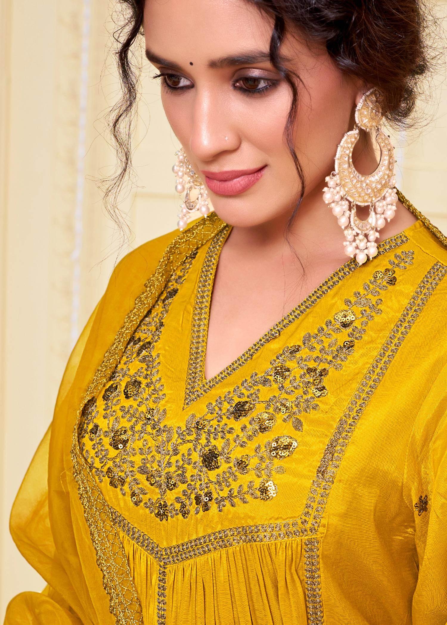 Praniti Viscose Mustard & Green Kurta Set with Dupatta for Women | Festive Ethnic Wear - warehousetech13