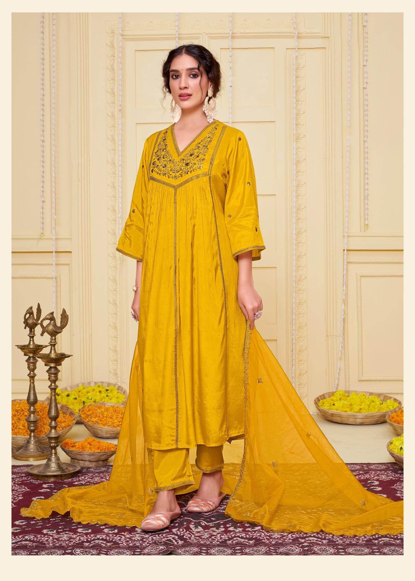 Praniti Viscose Mustard & Green Kurta Set with Dupatta for Women | Festive Ethnic Wear - warehousetech13