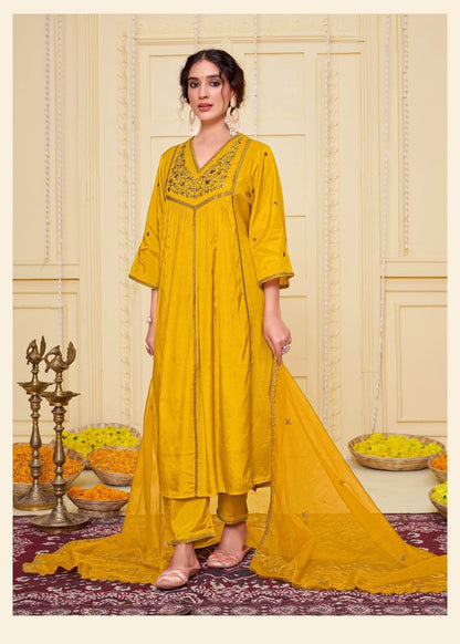 Praniti Viscose Mustard & Green Kurta Set with Dupatta for Women | Festive Ethnic Wear - warehousetech13