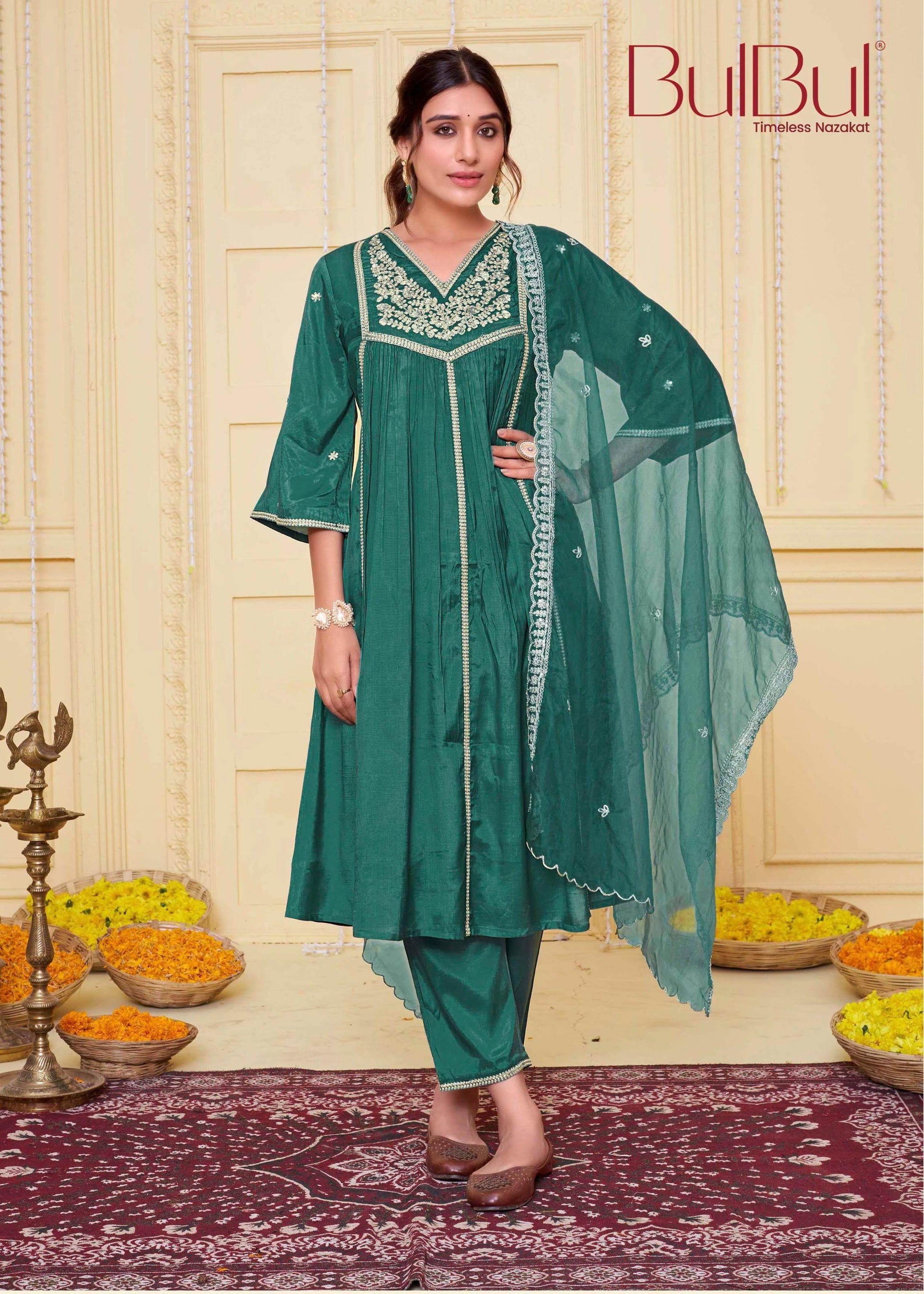 Praniti Viscose Mustard & Green Kurta Set with Dupatta for Women | Festive Ethnic Wear - warehousetech13