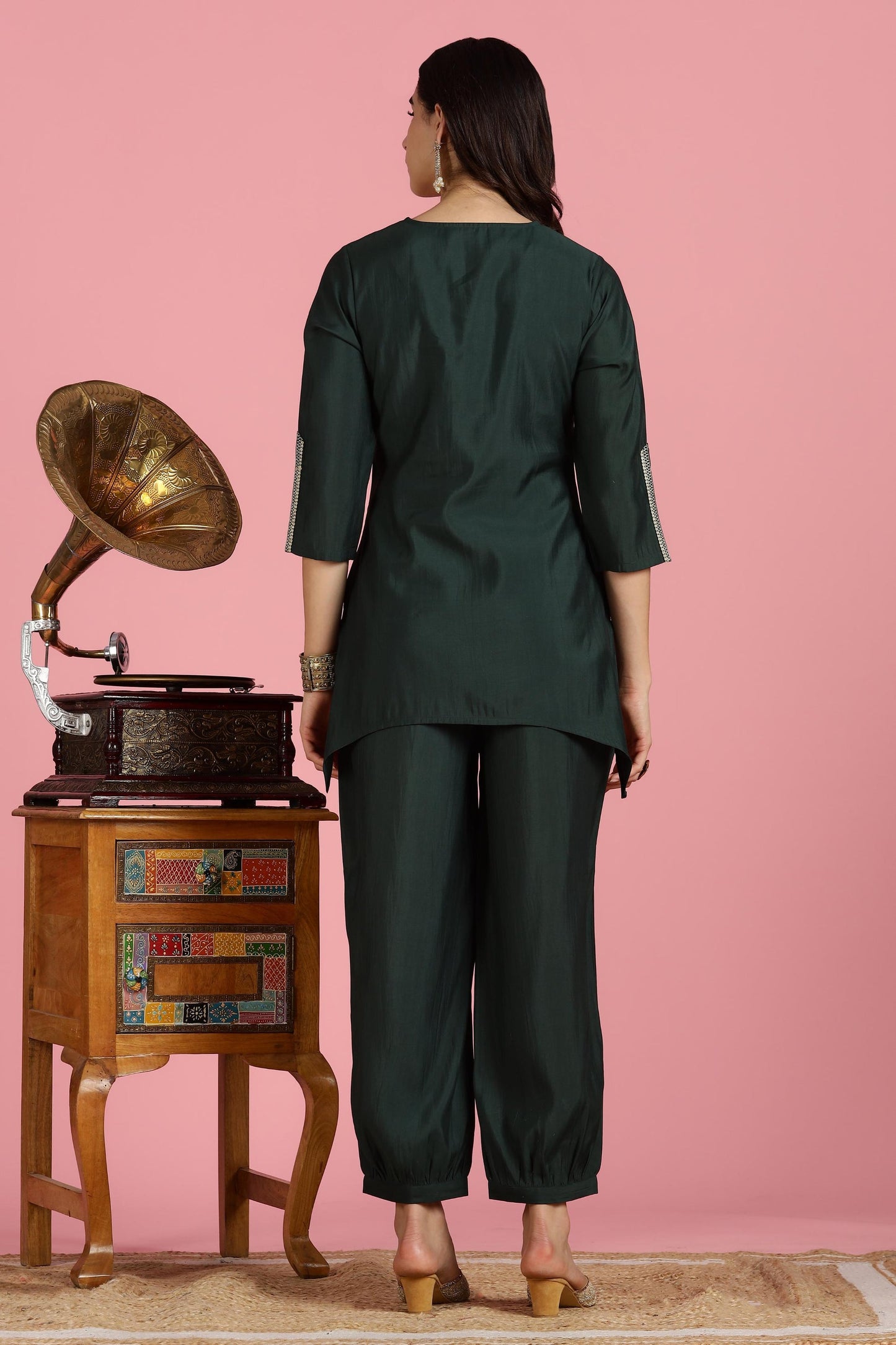 Dark Green Chanderi Silk Kurta Set with Zari Yoke & Coin Embroidery