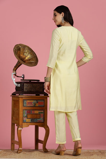 Butter Yellow Chanderi Silk Kurta Set with Resham Zari Floral Embroidery
