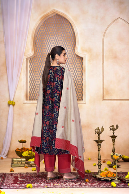 Rashmi Navy Multi-Color Embroidered Chanderi Silk Suit Set with Zari & Sequins