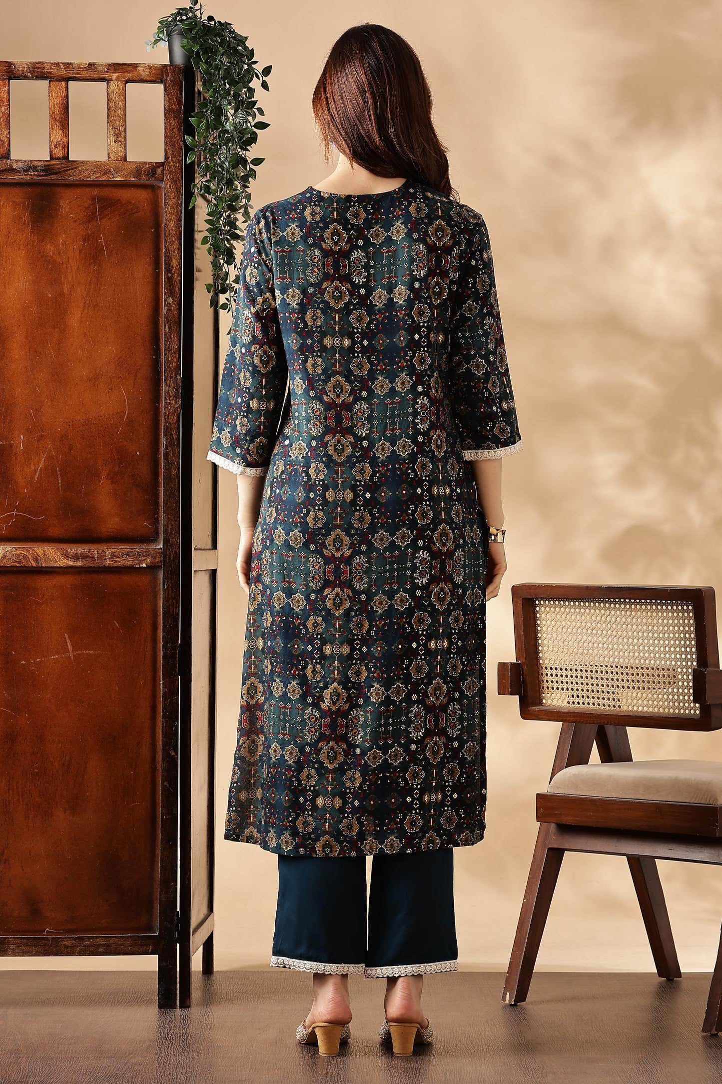 Stylish Anjali Rayon Kurta Set in Wine and Teal with Dupatta