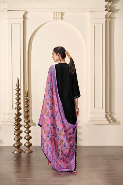 Bhumi Elegant Off-White & Black Silk Kurta Set with Dupatta for Women | Ethnic Festive Wear - warehousetech13