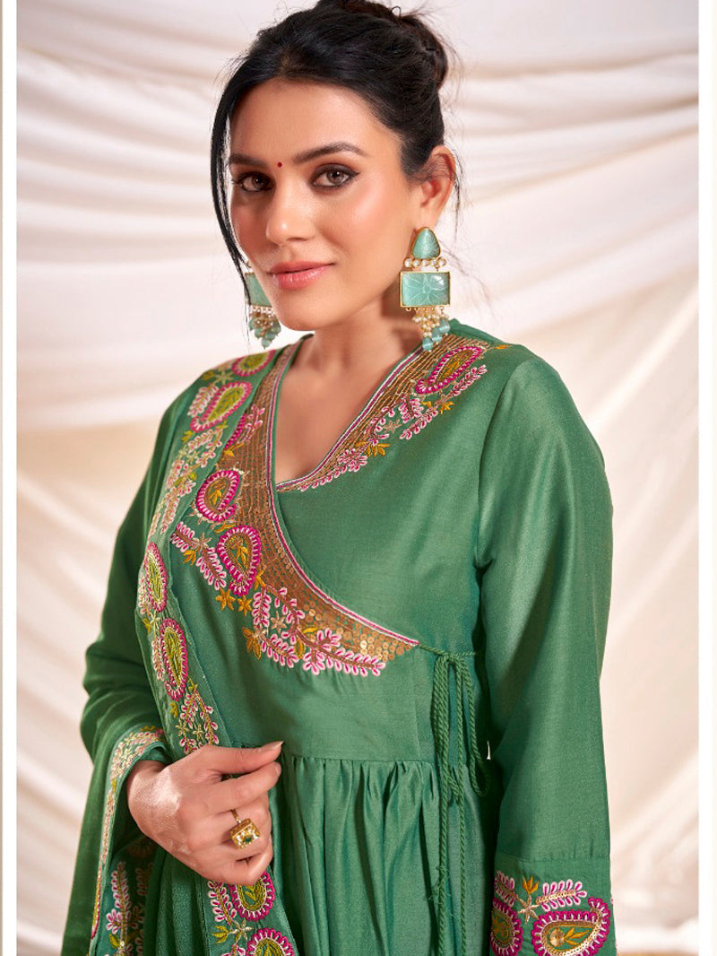 Kayra Green Paisley Embroidered Angrakha Suit Set - Chinnon Silk