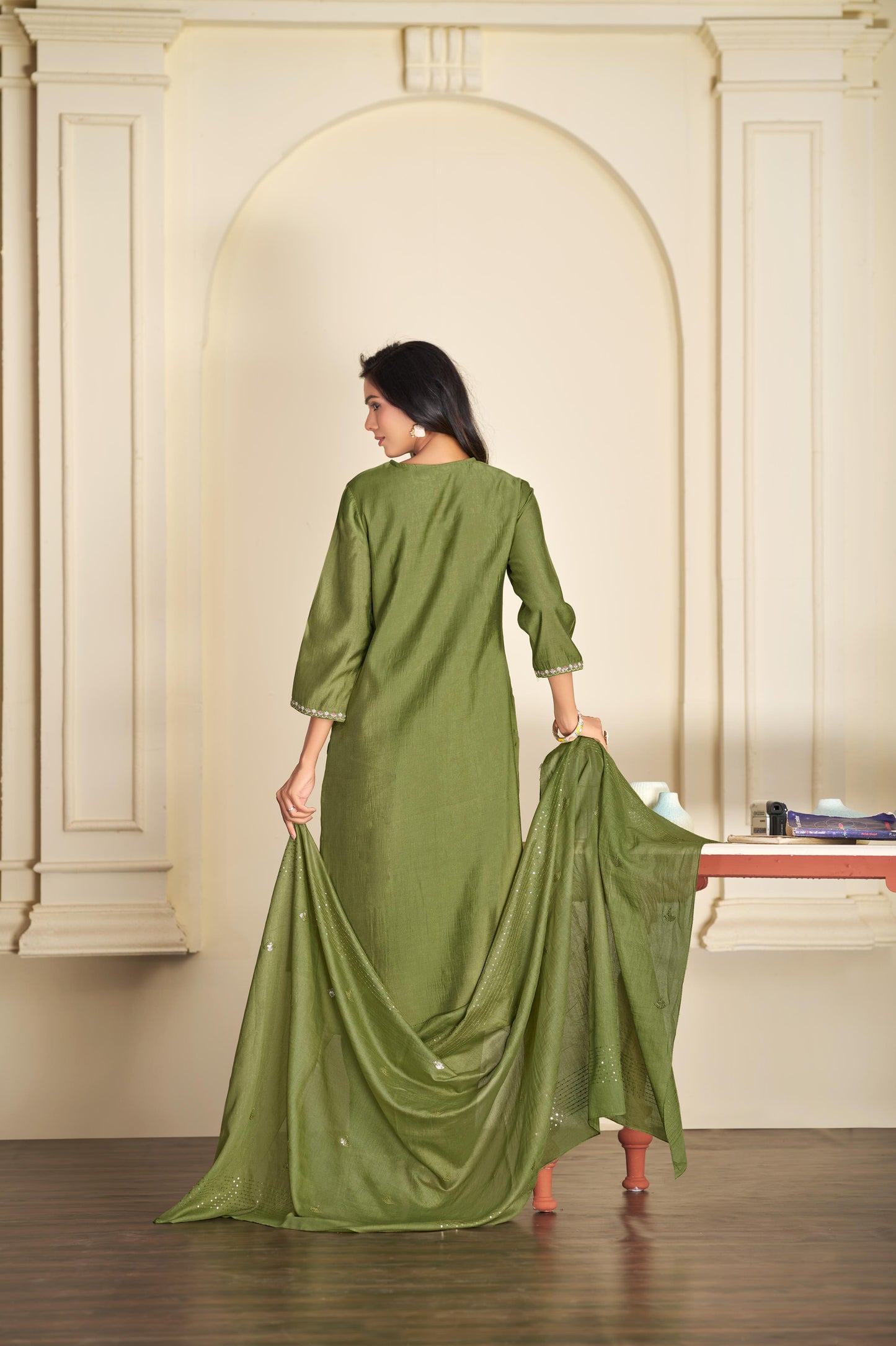 BulBul Aadvi Solid Grey & Green Embroidered Roman Silk Salwar Suit for Women | Festive & Party Wear Ethnic Ensemble