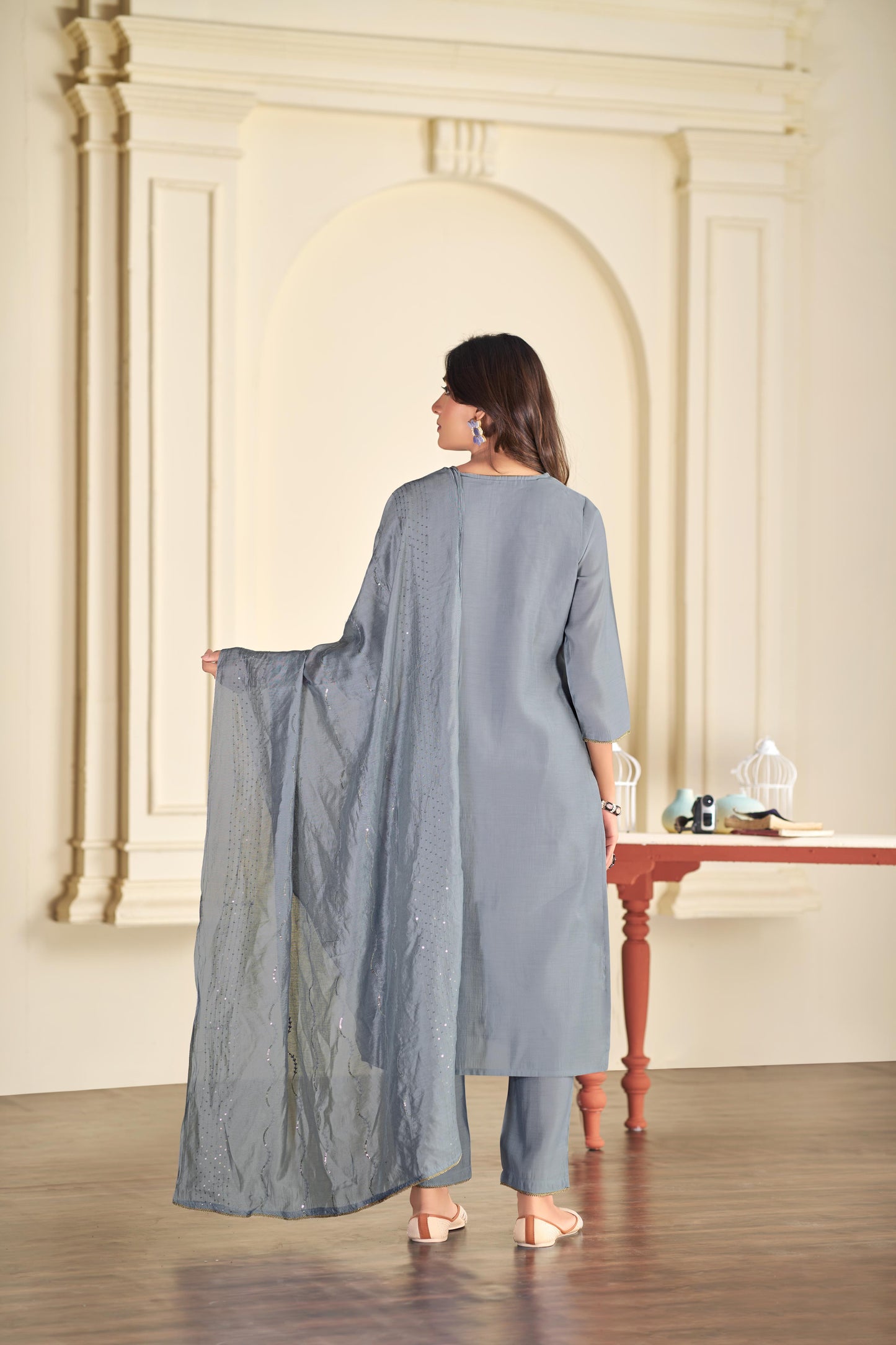 BulBul Aadvi Solid Grey & Green Embroidered Roman Silk Salwar Suit for Women | Festive & Party Wear Ethnic Ensemble