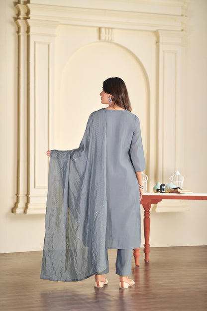 BulBul Aadvi Solid Grey & Green Embroidered Roman Silk Salwar Suit for Women | Festive & Party Wear Ethnic Ensemble