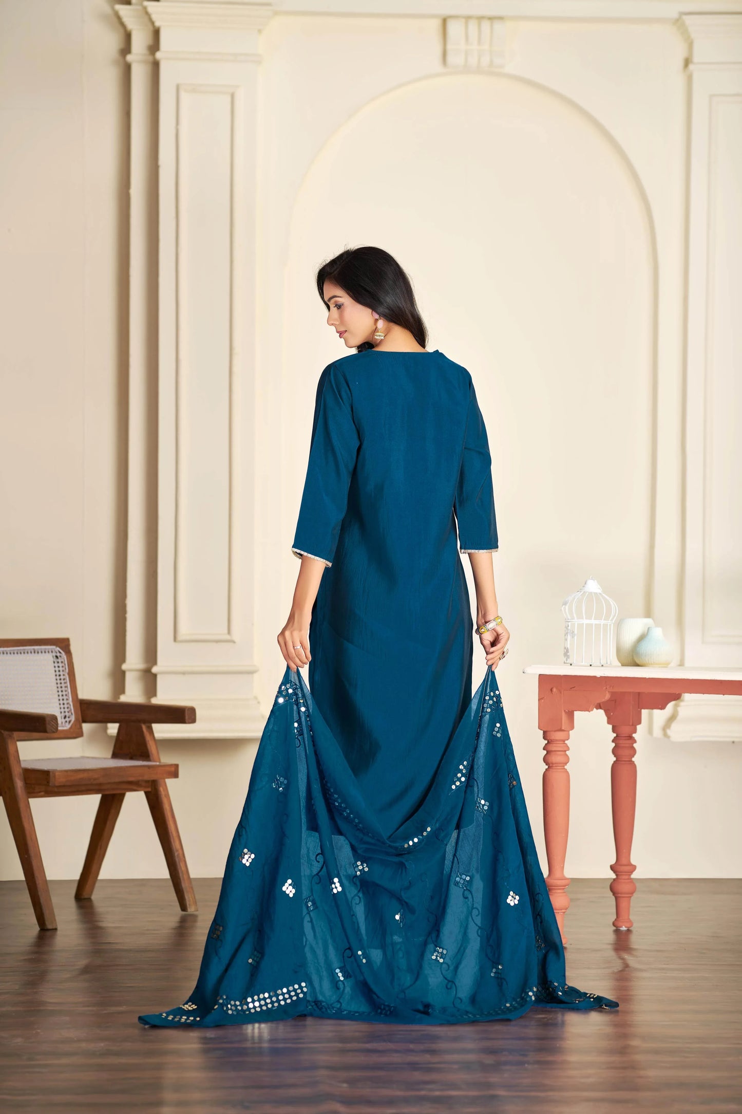 Prachi Silk Teal & Beige Kurta Set with Dupatta for Women - warehousetech13