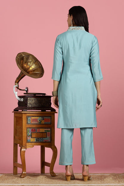 Sky Blue Chanderi Silk Kurta Set with Zari Neckline & Sequin Work