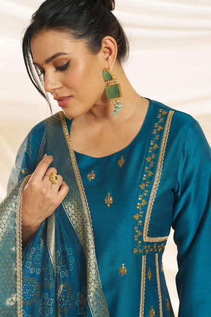 Kayra Teal Sequins A-Line Suit Set - Chinnon Silk with Cotton Lining