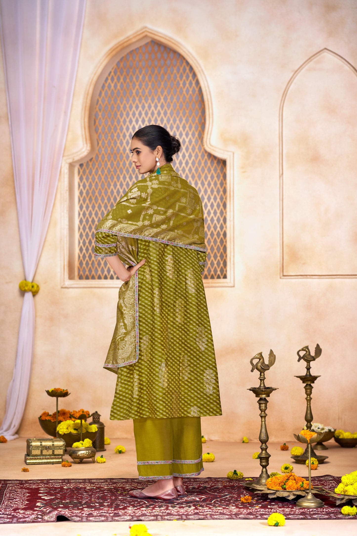 Rashmi Mehndi Green Chanderi Silk Suit Set with Beads, Sequins & Mul Lining