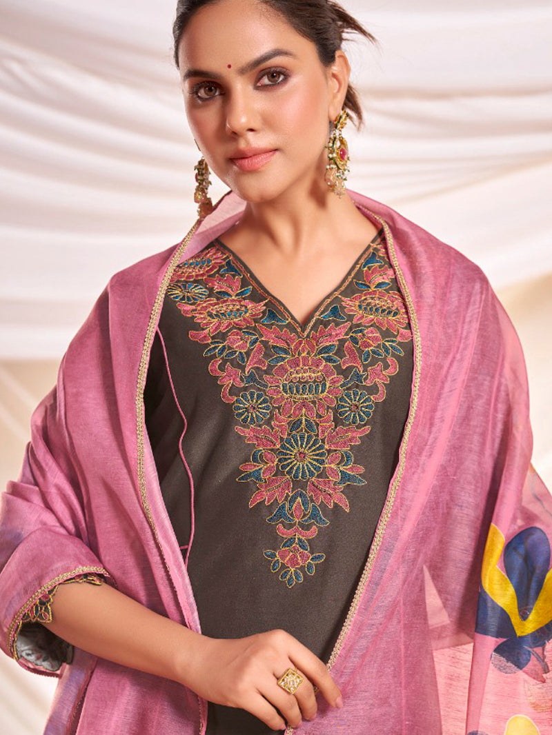 Kayra Brown Beaded Embroidered Chinnon Silk A-Line Suit Set with Cotton Lining