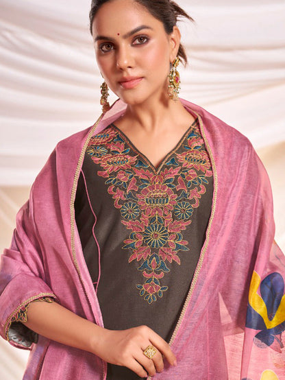 Kayra Brown Beaded Embroidered Chinnon Silk A-Line Suit Set with Cotton Lining