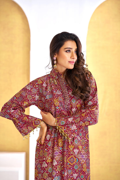 Pratiksha Modal Chanderi Co-Ord Set in Red & Olive - Printed Ethnic Wear