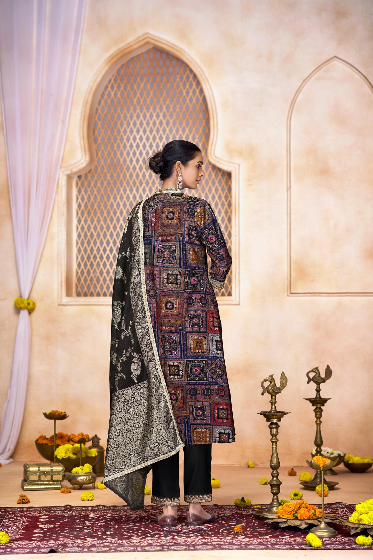 Rashmi Black Thread & Sequins Embellished Chanderi Silk Suit Set with Jacquard Dupatta