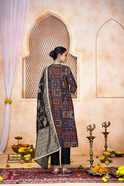 Rashmi Black Thread & Sequins Embellished Chanderi Silk Suit Set with Jacquard Dupatta
