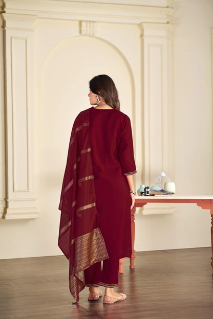 BulBul Ruhani Solid Green and Maroon Embroidered Roman Silk Salwar Suit for Women - warehousetech13