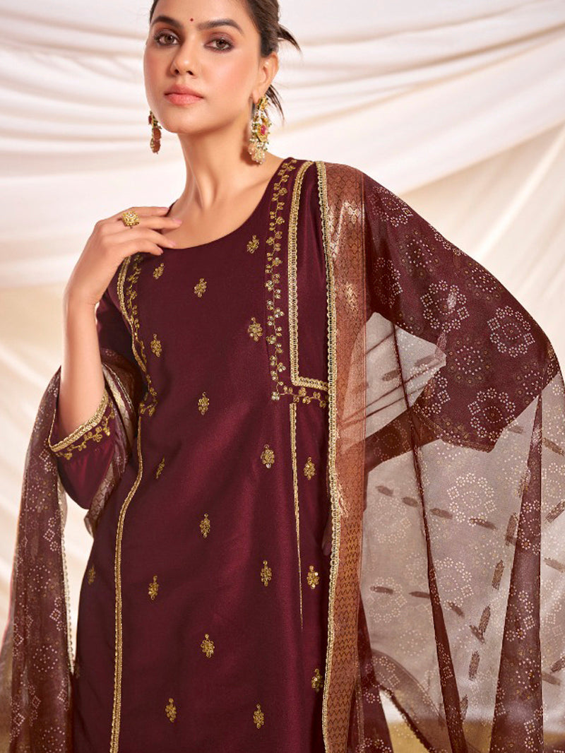 Kayra Maroon Sequins A-Line Suit Set with Lace Borders - Chinnon Silk