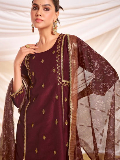Kayra Maroon Sequins A-Line Suit Set with Lace Borders - Chinnon Silk