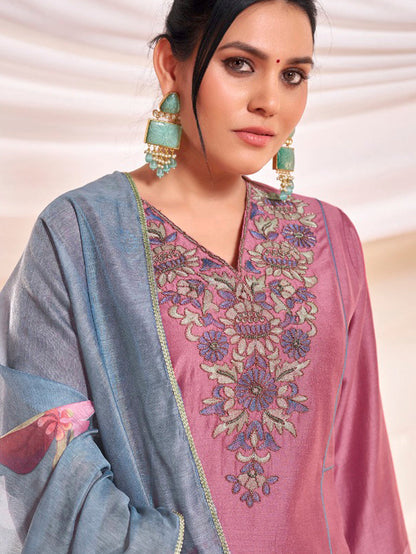 Kayra Blush Pink Embroidered A-Line Suit Set - Chinnon Silk with Cotton Lining