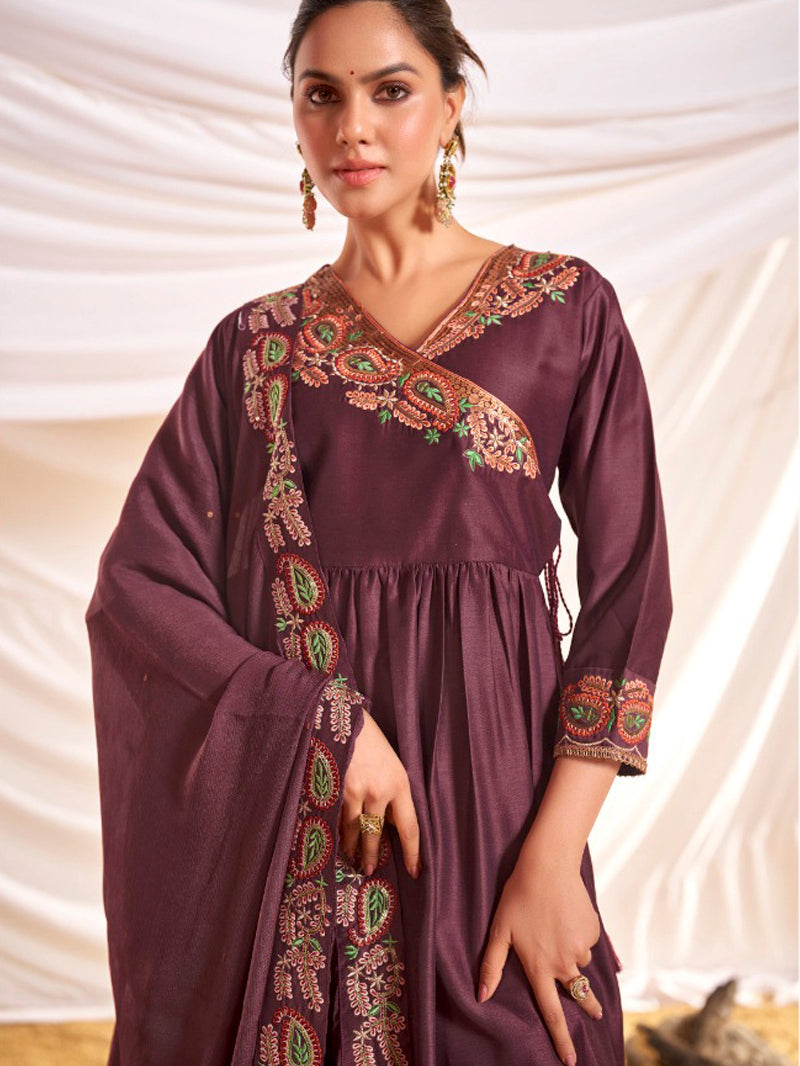 Kayra Wine Paisley Embroidered Sequin Angrakha Silk Suit Set