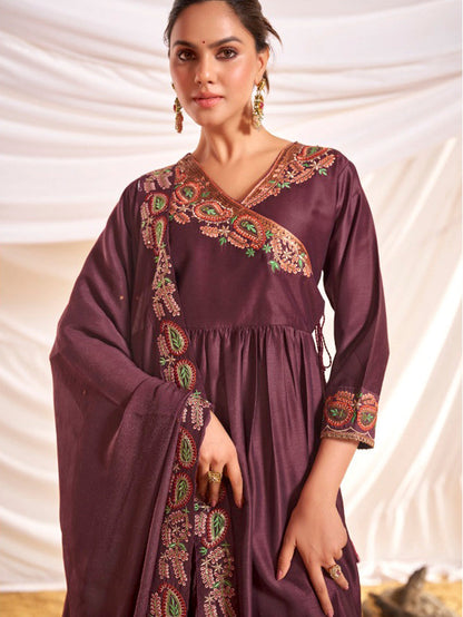 Kayra Wine Paisley Embroidered Sequin Angrakha Silk Suit Set