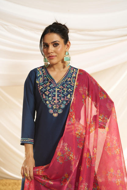 Kayra Navy Multicolor Embroidered Chinnon Silk Suit Set - Straight Fit