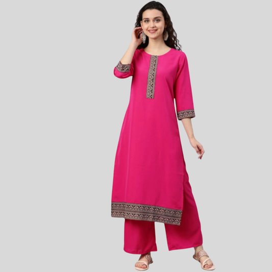 Ladies' Casual 3/4 Sleeve Solid Crepe Kurti and Palazzo Set (Pink) - warehousetech13