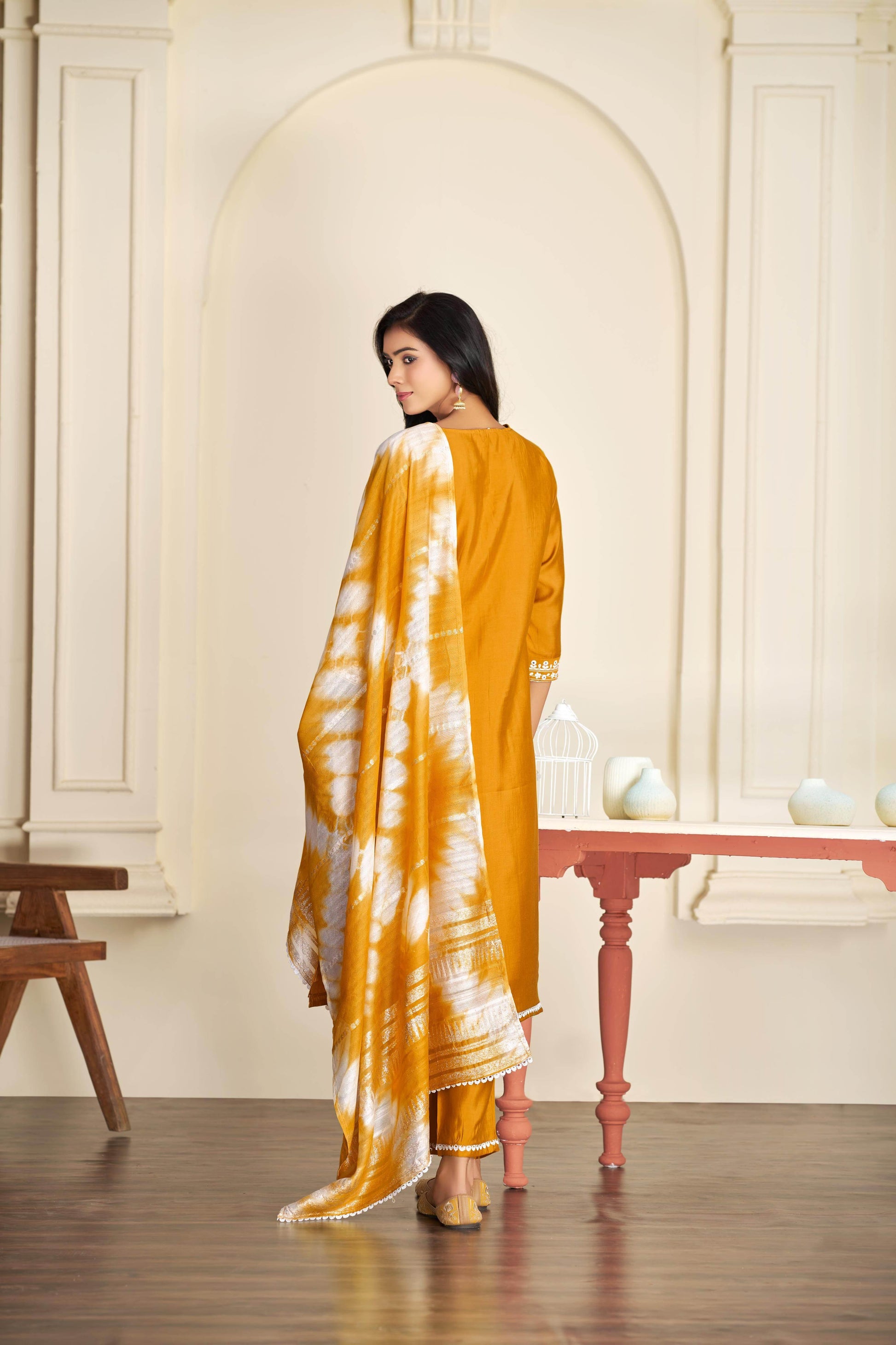 Shreya Silk Rama & Mustard Kurta Set with Dupatta for Women – Elegant Festive Ethnic Wear - warehousetech13