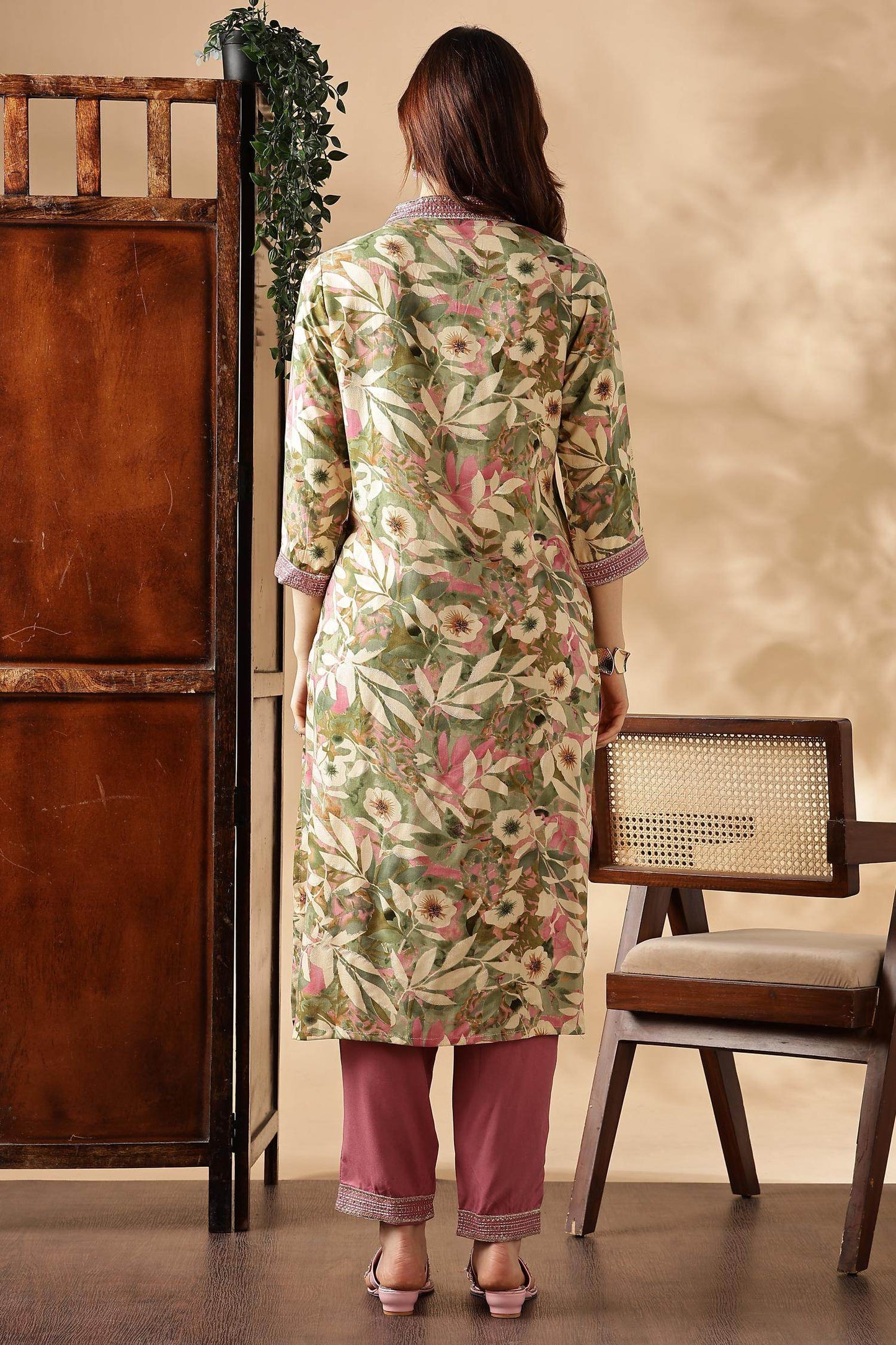 Designer Aafiya Green and Mauve Rayon Kurta with Dupatta Set