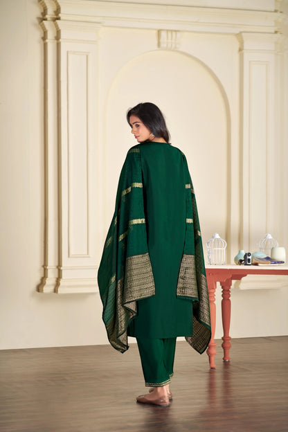 BulBul Ruhani Solid Green and Maroon Embroidered Roman Silk Salwar Suit for Women - warehousetech13