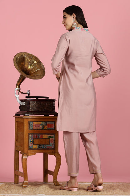 Blush Pink Floral Kota Doriya Kurta Set with Zari Sequin Neckline & Dupatta