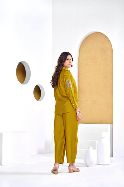 Preha Women's Mustard & Fuchsia Chanderi Co-Ord Set – Premium Silk Fabric