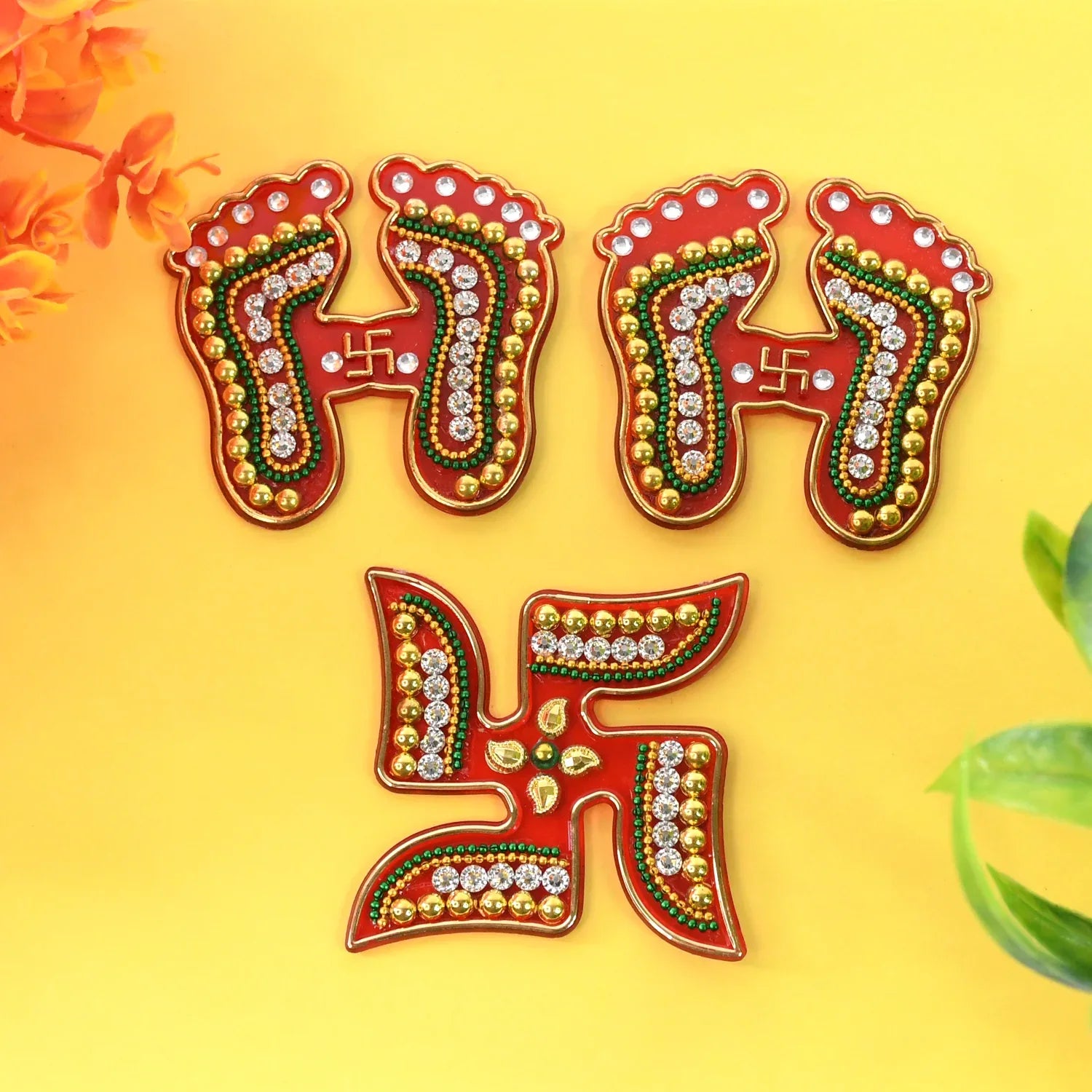Decorative Laxmi Charan (Pagla) Swastik Combo Set (3pc Set) - warehousetech13