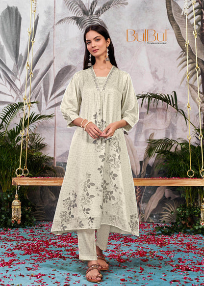 Reeva Silk White and Lavender Kurta Set - Elegant Handcrafted Ethnic Wear