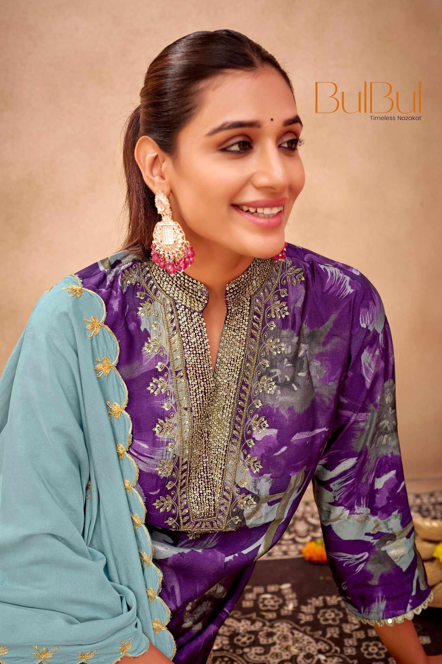 Shehnaaz Rust & Purple Hand Work Kurta Set with Dupatta for Women | Elegant Festive Ethnic Wear - warehousetech13