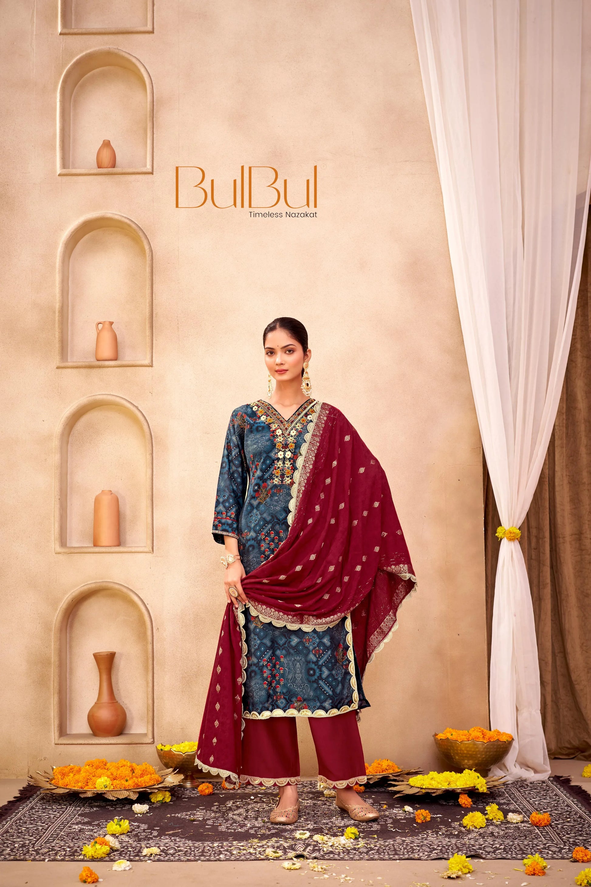 Shehnaaz Navy & Brown Printed Kurta Set with Dupatta for Women - warehousetech13