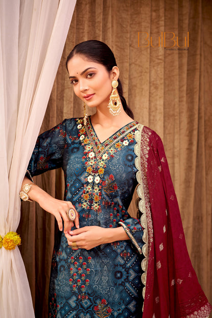 Shehnaaz Navy & Brown Printed Kurta Set with Dupatta for Women - warehousetech13