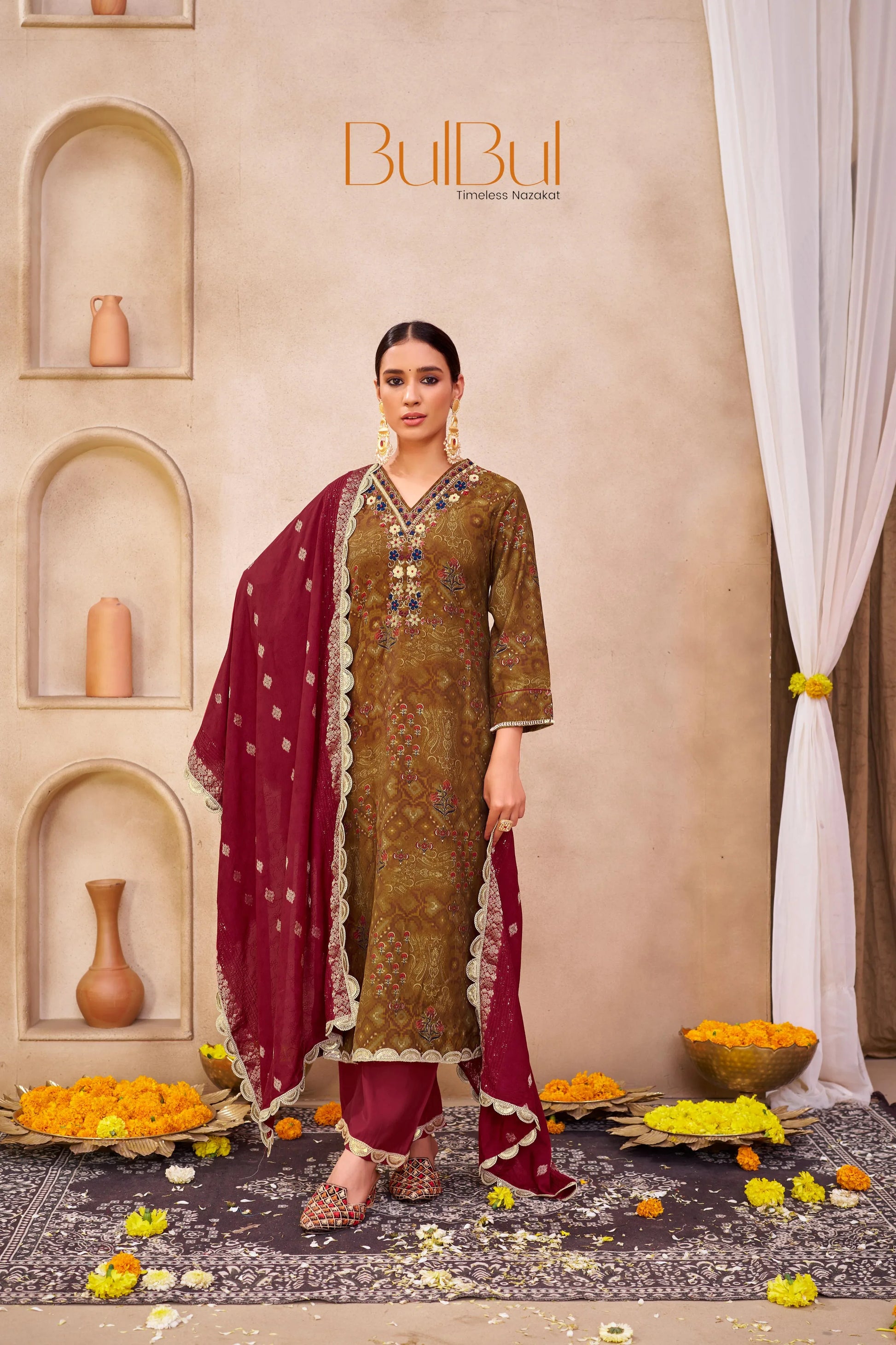 Shehnaaz Navy & Brown Printed Kurta Set with Dupatta for Women - warehousetech13