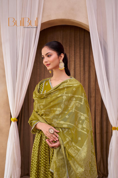 Rashmi Mehndi Green Chanderi Silk Suit Set with Beads, Sequins & Mul Lining