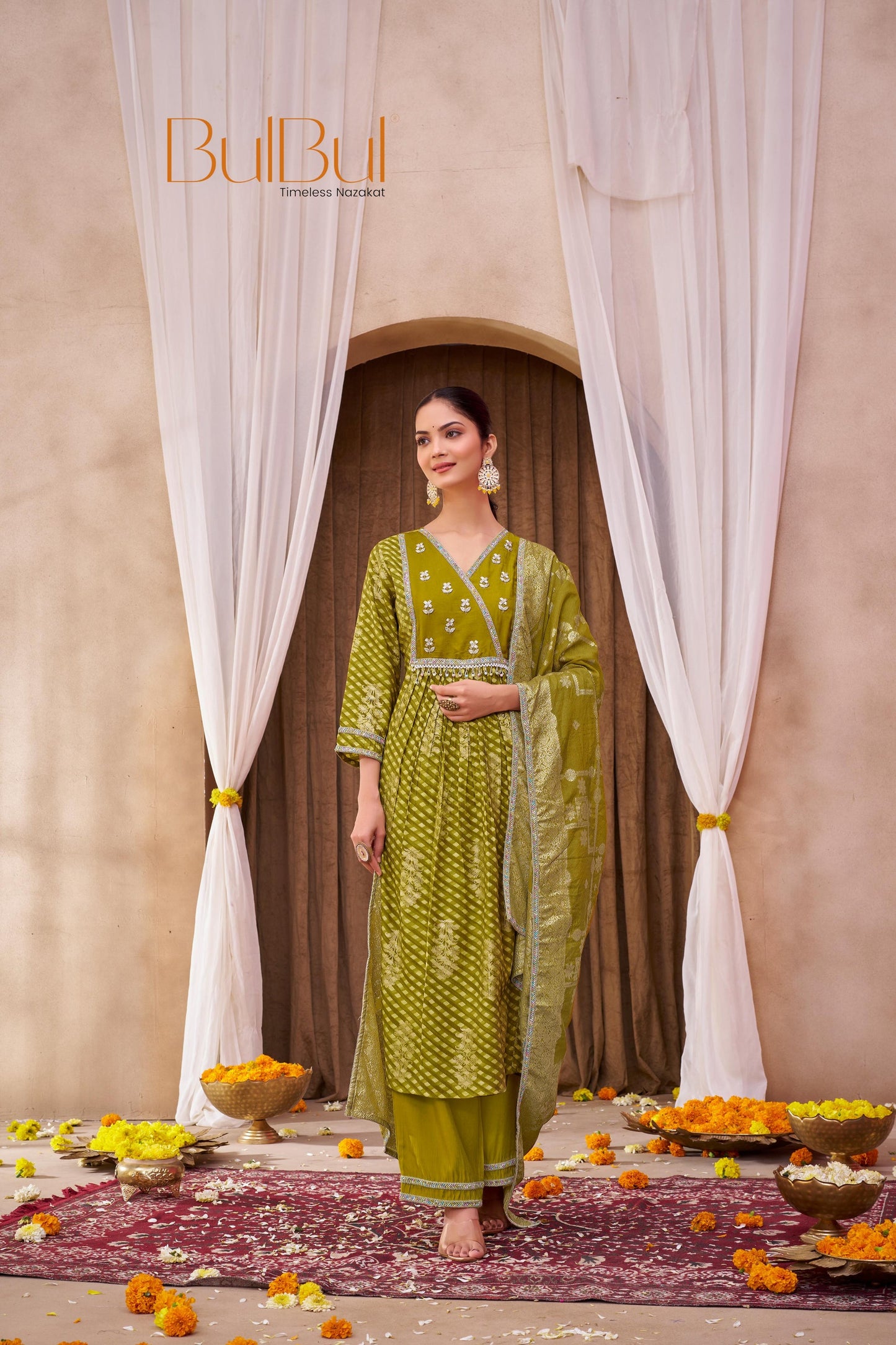 Rashmi Mehndi Green Chanderi Silk Suit Set with Beads, Sequins & Mul Lining