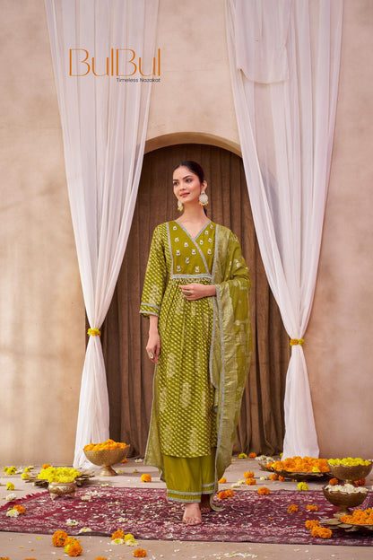 Rashmi Mehndi Green Chanderi Silk Suit Set with Beads, Sequins & Mul Lining