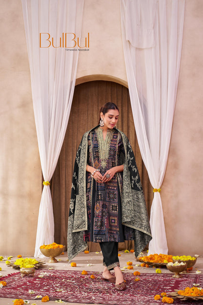 Rashmi Black Thread & Sequins Embellished Chanderi Silk Suit Set with Jacquard Dupatta
