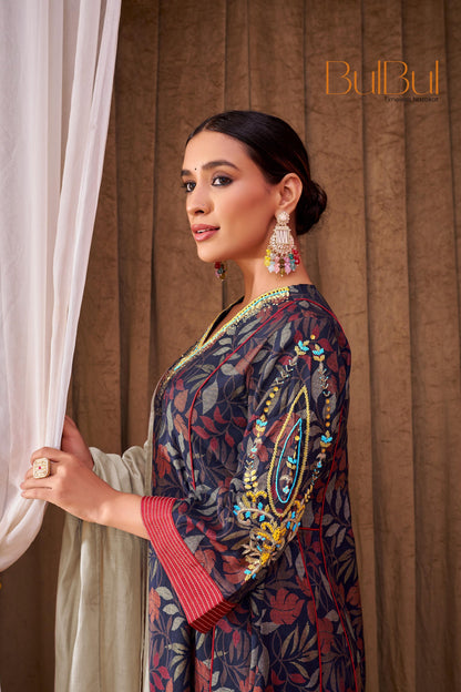 Rashmi Navy Multi-Color Embroidered Chanderi Silk Suit Set with Zari & Sequins